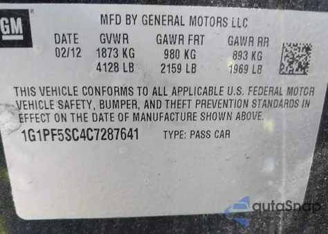 2012 Chevrolet Cruze 1Lt z USA, uszkodzony, nr VIN 1G1PF5SC4C7287641